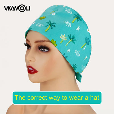 women's Cotton scrubs caps weat-absorbent Elastic Section pet grooming nursing work hats lab Flower print scrub hat Wholesale