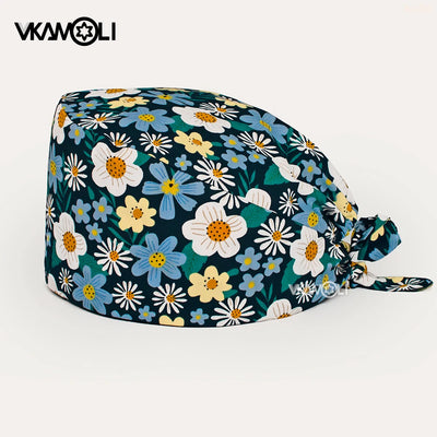 women's Cotton scrubs caps weat-absorbent Elastic Section pet grooming nursing work hats lab Flower print scrub hat Wholesale