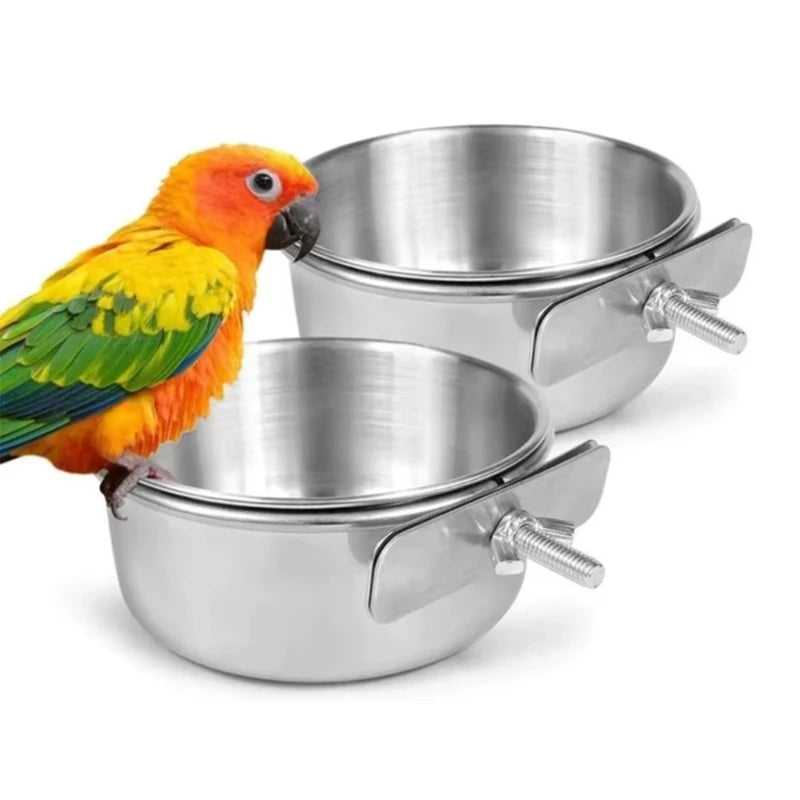 Parrot Rabbit Hamster Pet Food Dish Stainless Steel Clamp-on Water Drinker Bird Feeder Parrot Feeding Bowl Cage Cup Hanging Bowl