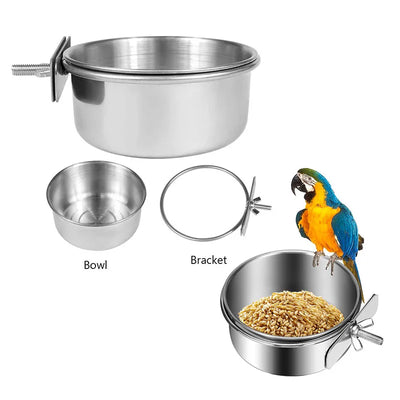 Parrot Rabbit Hamster Pet Food Dish Stainless Steel Clamp-on Water Drinker Bird Feeder Parrot Feeding Bowl Cage Cup Hanging Bowl