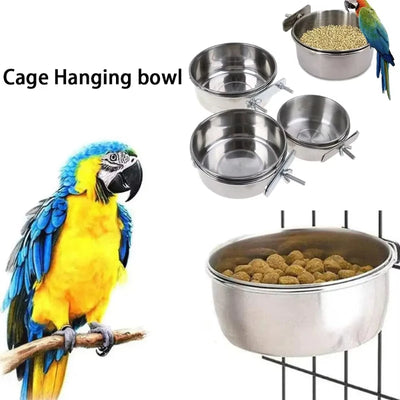 Parrot Rabbit Hamster Pet Food Dish Stainless Steel Clamp-on Water Drinker Bird Feeder Parrot Feeding Bowl Cage Cup Hanging Bowl