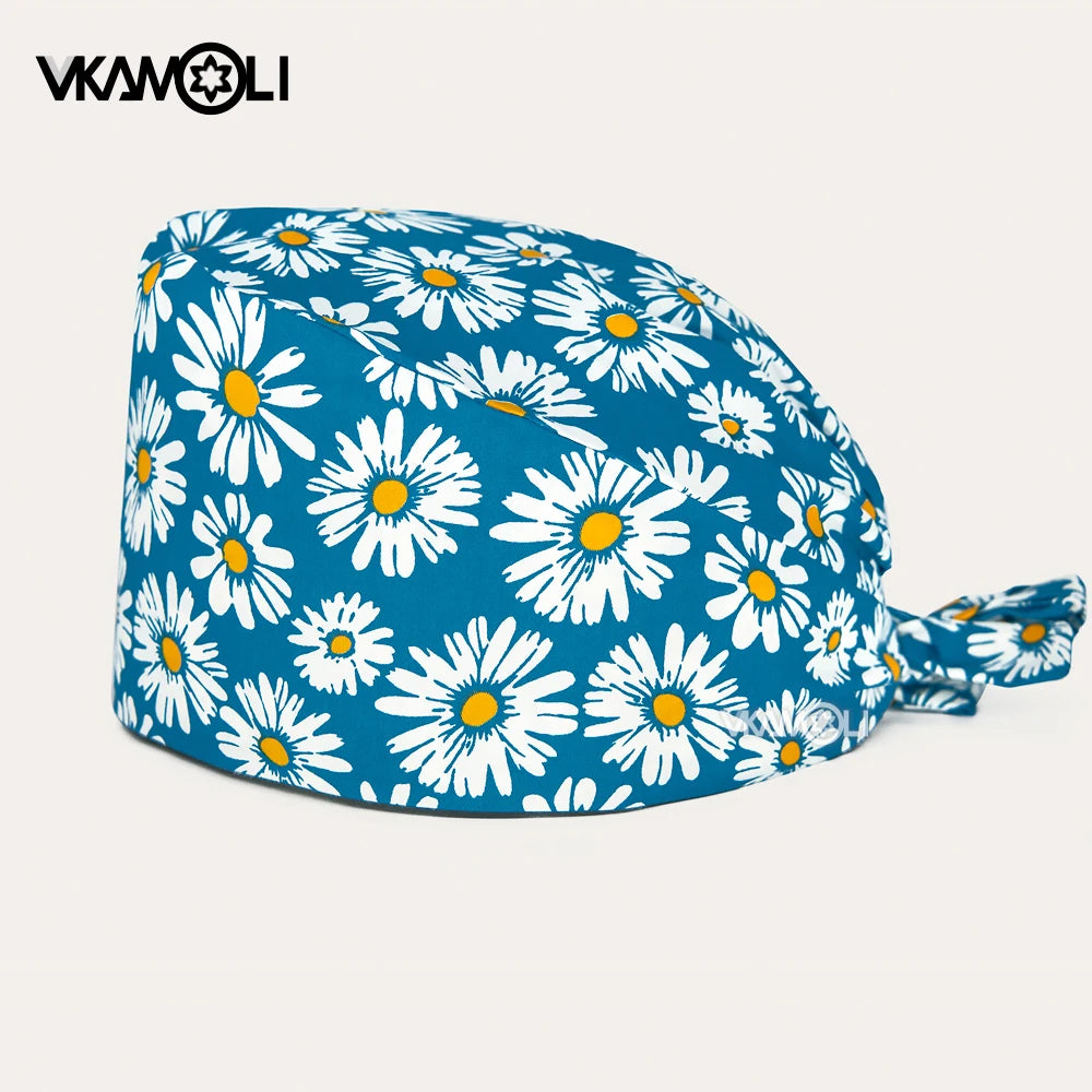 women's Cotton scrubs caps weat-absorbent Elastic Section pet grooming nursing work hats lab Flower print scrub hat Wholesale