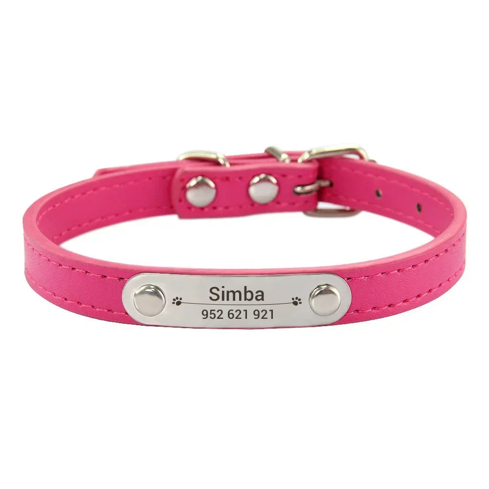 Personalized Dog Collar Name Carved ID Anti-lost Solid PU Leather Collar For Small Medium Large Dogs Puppy Cat Pet Supplies Pink