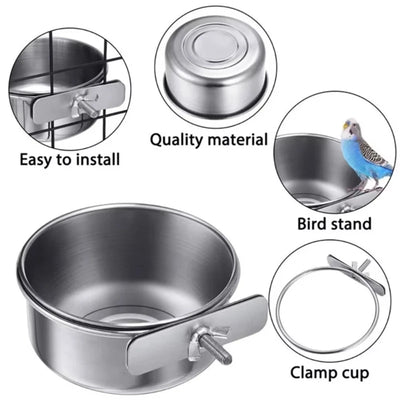 Parrot Rabbit Hamster Pet Food Dish Stainless Steel Clamp-on Water Drinker Bird Feeder Parrot Feeding Bowl Cage Cup Hanging Bowl