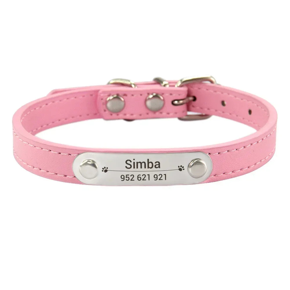 Personalized Dog Collar Name Carved ID Anti-lost Solid PU Leather Collar For Small Medium Large Dogs Puppy Cat Pet Supplies Pink