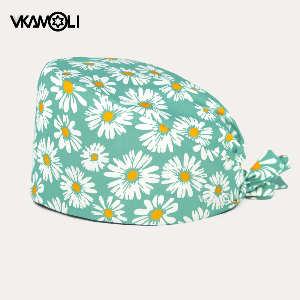 women's Cotton scrubs caps weat-absorbent Elastic Section pet grooming nursing work hats lab Flower print scrub hat Wholesale