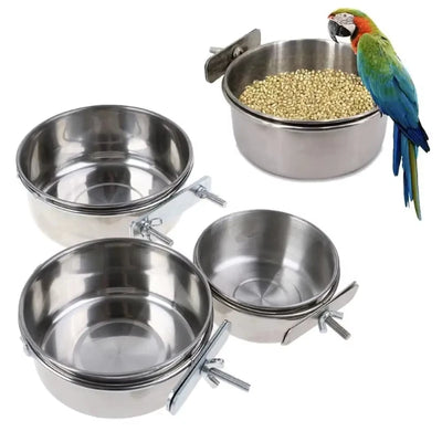 Parrot Rabbit Hamster Pet Food Dish Stainless Steel Clamp-on Water Drinker Bird Feeder Parrot Feeding Bowl Cage Cup Hanging Bowl